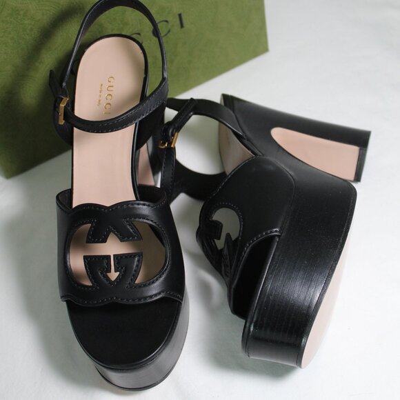 NWB Gucci Ankle Strap Interlocking GG Platform Sandals Heels Cut Out 40 730022 - Picture 4 of 6